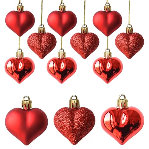 Tindobewan 12Pcs Heart Ornaments Multi Finish Heart Baubles Hanging Ornaments for Valentine’s Day Decor Mother's Day Christmas Tree Wedding Anniversary Party Decoration(Red) - Image 1