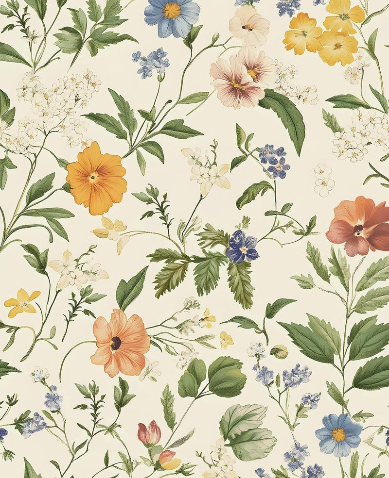 VOLEAAR Peel and Stick Wallpaper Thick Self Adhesive Vinyl Roll Removable Waterproof Contact Paper for Bedroom Bathroom Cabinet Accent Wall Vintage Wildflower Meadow Retro Decor Cream Yellow 175 x 118 - Image 2