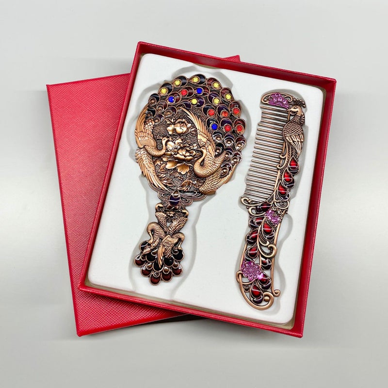 Creative Retro Peacock Open Screen Small Mirror Handle Metal Cosmetic Mirror Portable Mirror Comb Suit Holiday Gifts - Image 1