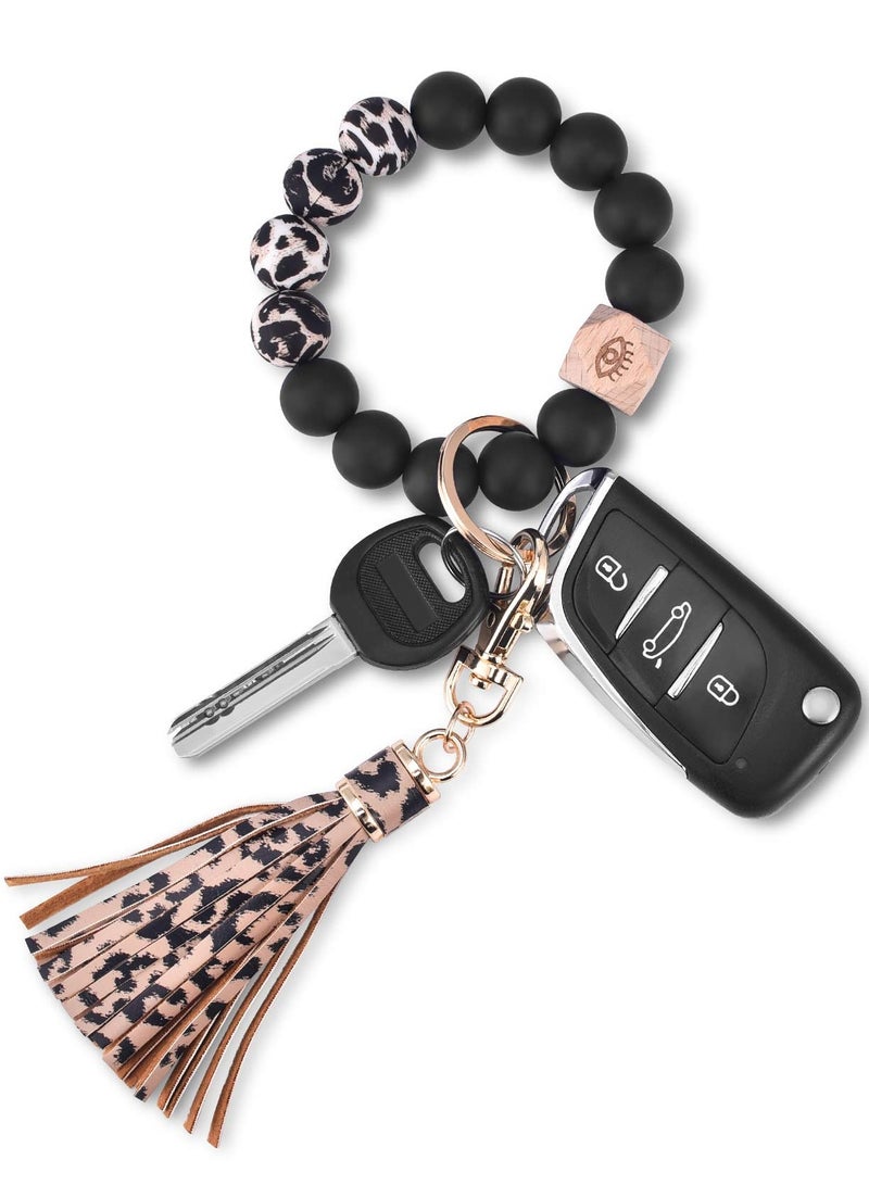 KASTWAVE Silicone Key Ring, Key Ring Bracelet Wristlet Keychain Silicone Beaded Bangle Chains for Women with Leather Tassel - Image 1