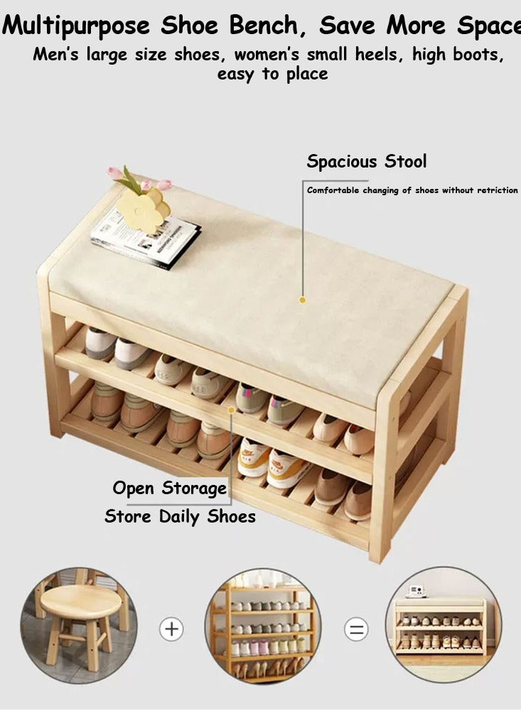LINGWEI Shoe Bench Rack Bamboo Entryway Shoe Storage Bench with Padded Cushion Seat, 2 Layer Shoe Organizer - Image 4