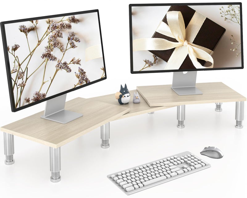 AX Waber Dual Monitor Riser - Adjustable Length & Angle, Wooden Stand for 2 Monitors with Storage - Image 1