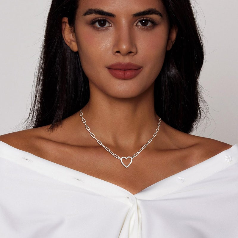 Zeffy Silver Necklace for Women Heart Pendant Silver Paperclip Choker Dainty Love Charm Tiny Open Heart Chain Simple Delicate Jewelry Gifts for Women - Image 4