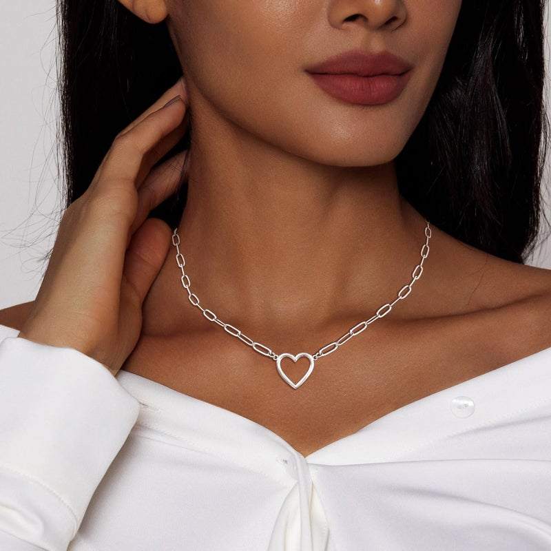 Zeffy Silver Necklace for Women Heart Pendant Silver Paperclip Choker Dainty Love Charm Tiny Open Heart Chain Simple Delicate Jewelry Gifts for Women - Image 3