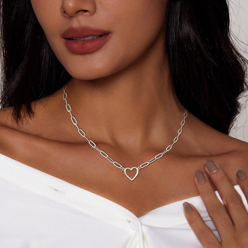 Zeffy Silver Necklace for Women Heart Pendant Silver Paperclip Choker Dainty Love Charm Tiny Open Heart Chain Simple Delicate Jewelry Gifts for Women - Image 2