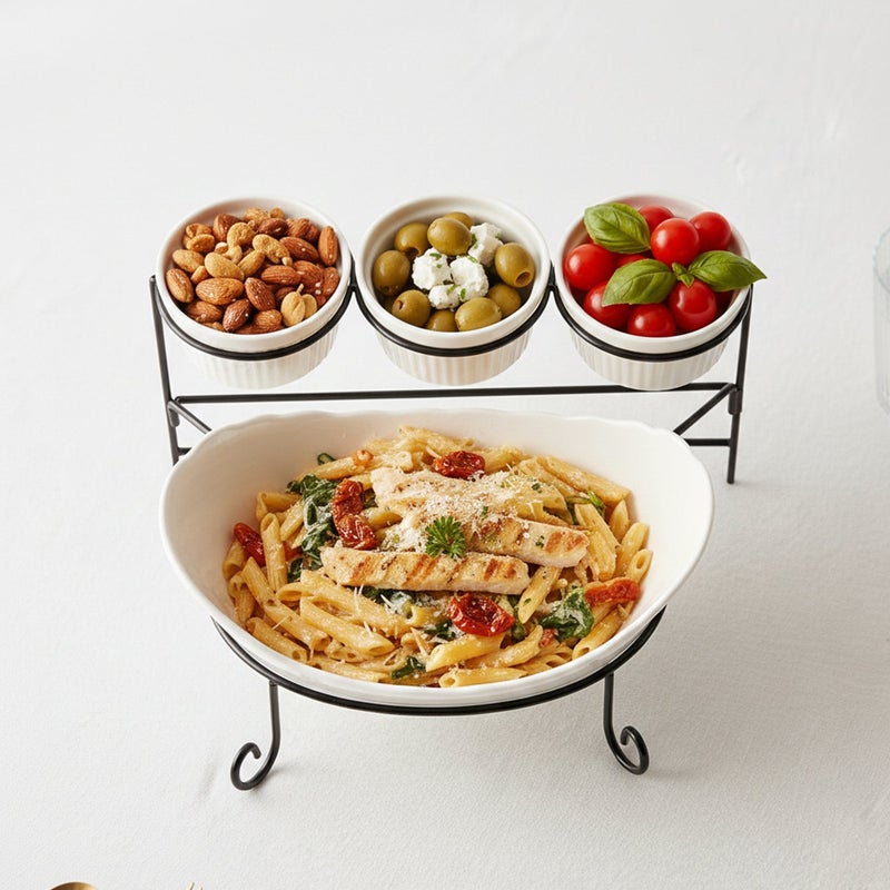 Shallow طقم تقديم خزفي ضحل 4 قطع 27 سم مع 3×12 سم أطباق، صيني جديد للعظام لتقديم أنيق، استخدام يومي، رمضان، عيد، ديوالي وتناول الطعام الاحتفالي - Image 2