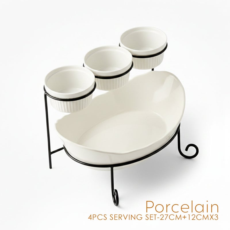 Shallow طقم تقديم خزفي ضحل 4 قطع 27 سم مع 3×12 سم أطباق، صيني جديد للعظام لتقديم أنيق، استخدام يومي، رمضان، عيد، ديوالي وتناول الطعام الاحتفالي - Image 5