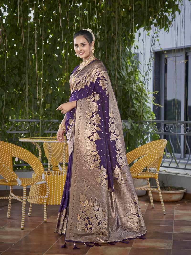 MANOHARI Womens Most Trendy Banarasi Woven Purple Saree With Heavy Jacquard Work Saree With Blouse Piece - Image 4