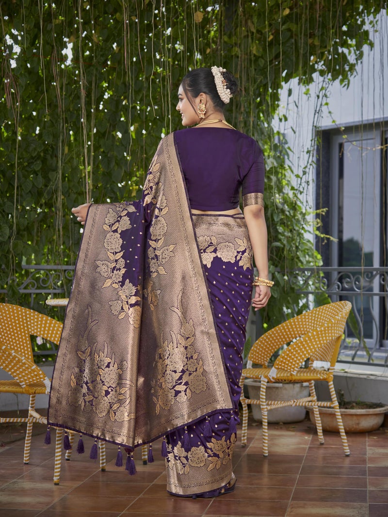 MANOHARI Womens Most Trendy Banarasi Woven Purple Saree With Heavy Jacquard Work Saree With Blouse Piece - Image 5