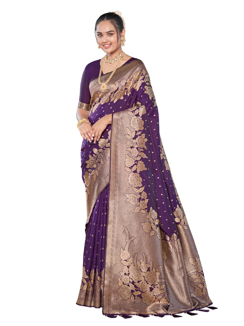 MANOHARI Womens Most Trendy Banarasi Woven Purple Saree With Heavy Jacquard Work Saree With Blouse Piece - Image 1