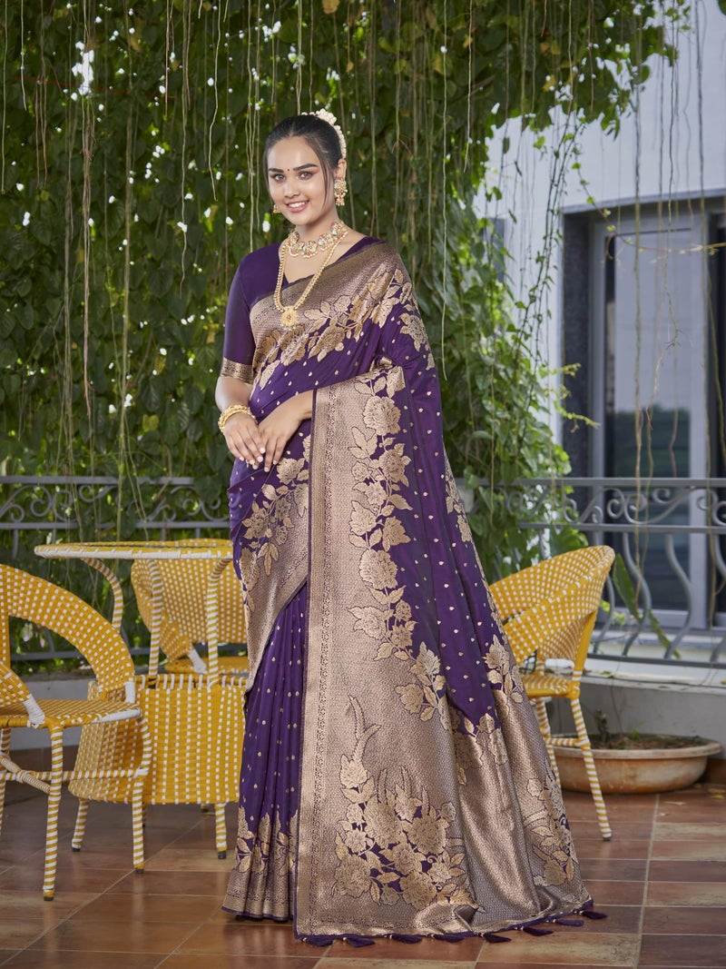 MANOHARI Womens Most Trendy Banarasi Woven Purple Saree With Heavy Jacquard Work Saree With Blouse Piece - Image 3