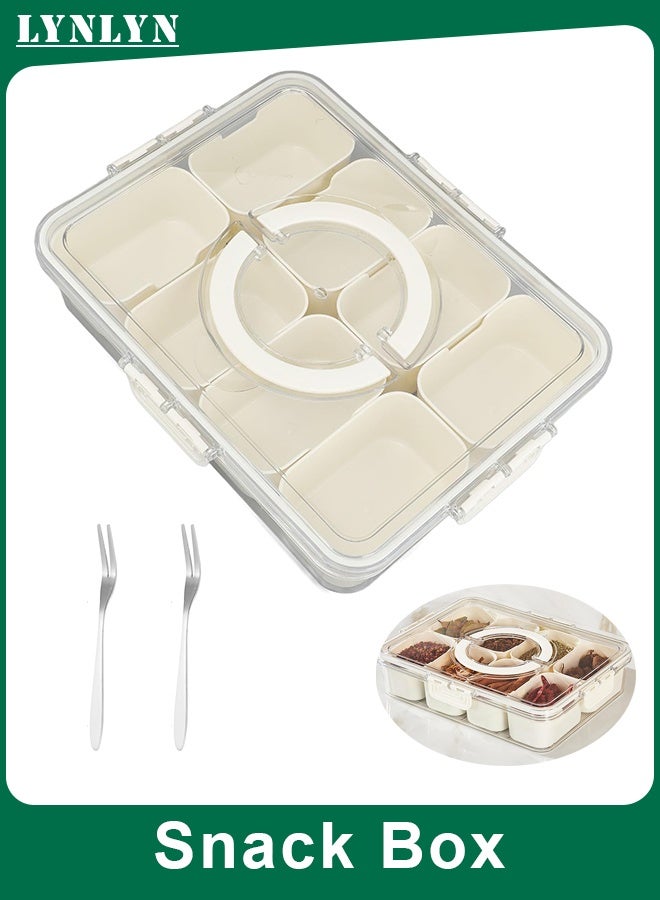 LYNLYN 8-Compartment Snack Box with Lid and Handle, Airtight Divided Serving Tray with 2 Fruit Forks for Fruits, Nuts, Candy, Parties - Image 1