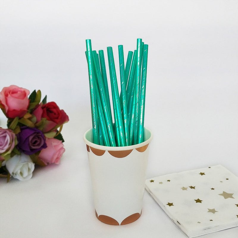 Ipalmay Sparkle Foil Green Mermaid Cocktail Paper Straws  Disposable Biodegradable Drinking  7.75 Inches  Pack of 100 - Image 5