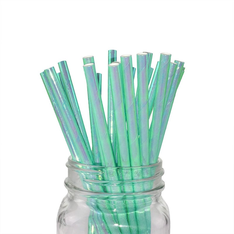 Ipalmay Sparkle Foil Green Mermaid Cocktail Paper Straws  Disposable Biodegradable Drinking  7.75 Inches  Pack of 100 - Image 1