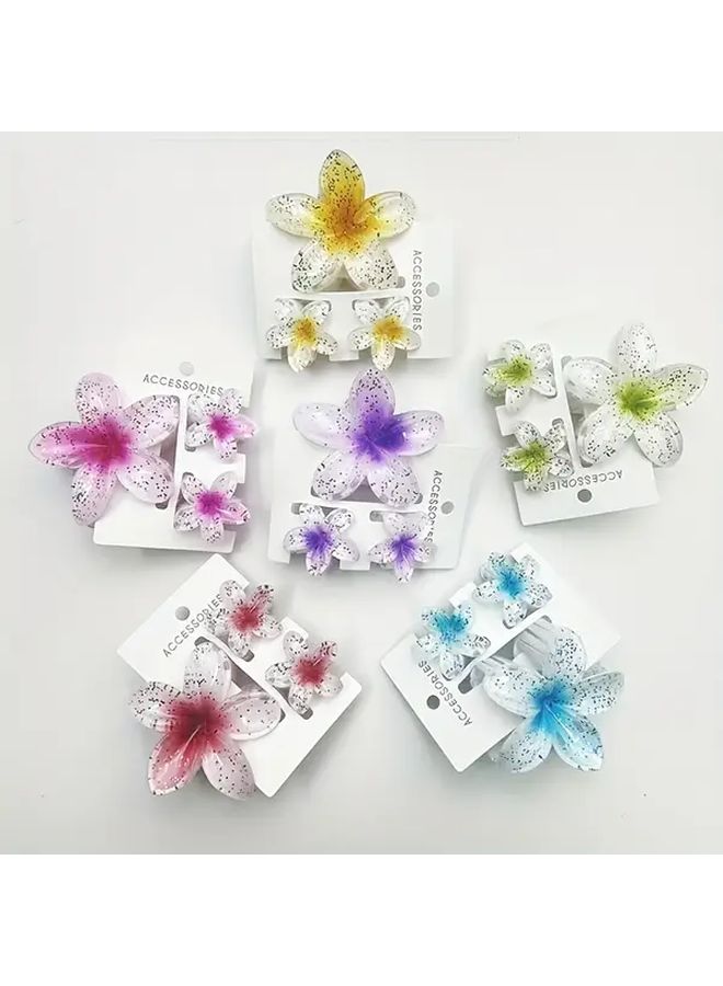 3pcs Women White Background Blue Core Vintage Hawaiian Flower Hair Clips Large Small Secure Hold Multicolor Gradient Glossy Plastic Floral Hair Accessories For Weddings Parties Beach Days Daily Elegant - Image 3