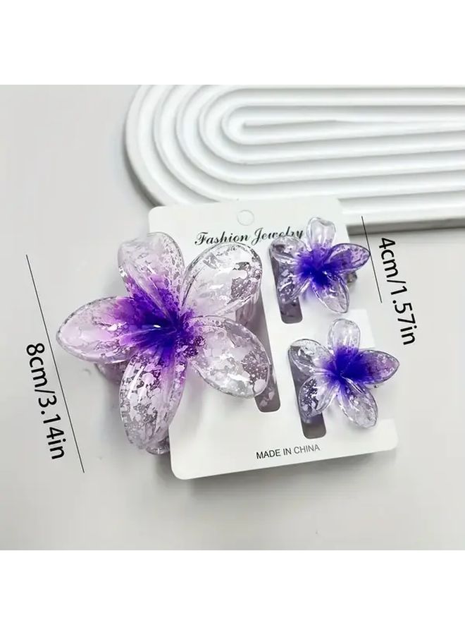 3pcs Women White Background Blue Core Vintage Hawaiian Flower Hair Clips Large Small Secure Hold Multicolor Gradient Glossy Plastic Floral Hair Accessories For Weddings Parties Beach Days Daily Elegant - Image 4