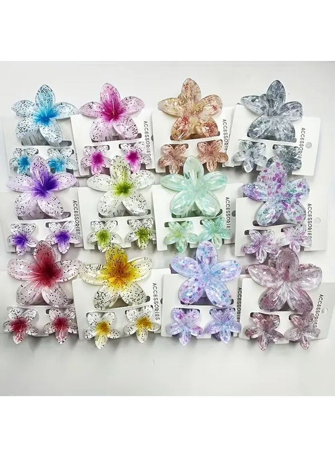 3pcs Women White Background Blue Core Vintage Hawaiian Flower Hair Clips Large Small Secure Hold Multicolor Gradient Glossy Plastic Floral Hair Accessories For Weddings Parties Beach Days Daily Elegant - Image 2