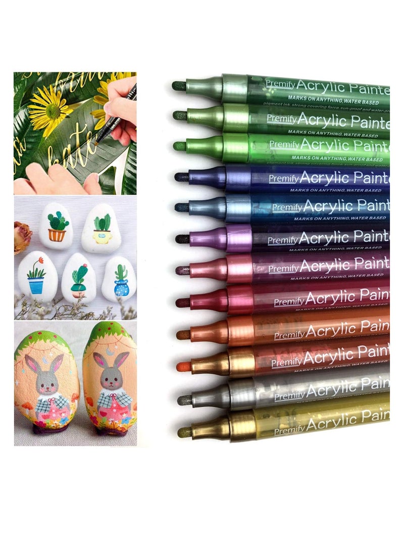 Premify Set of 12 Acrylic Paint Pens, Metallic Colors Rock Stone Ceramic Glass Wood Fabric Wall Painting Markers, Art Supplies Kids Adults Drawing Colouring Marker, Water Based for Artist Canvas Arts Crafts - Image 1