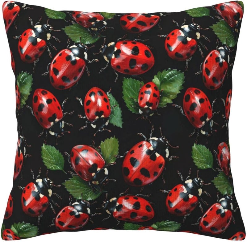 Red Ladybug and Green Leaves Print Corduroy Throw Pillow Covers 20"x20" Soft Spring Decorative Pillowcase for Sofa Couch Bed Living Room Farmhouse Decor - Image 2