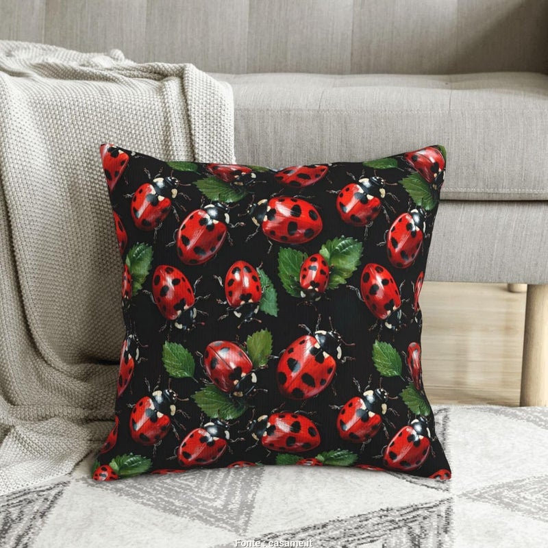 Red Ladybug and Green Leaves Print Corduroy Throw Pillow Covers 20"x20" Soft Spring Decorative Pillowcase for Sofa Couch Bed Living Room Farmhouse Decor - Image 1