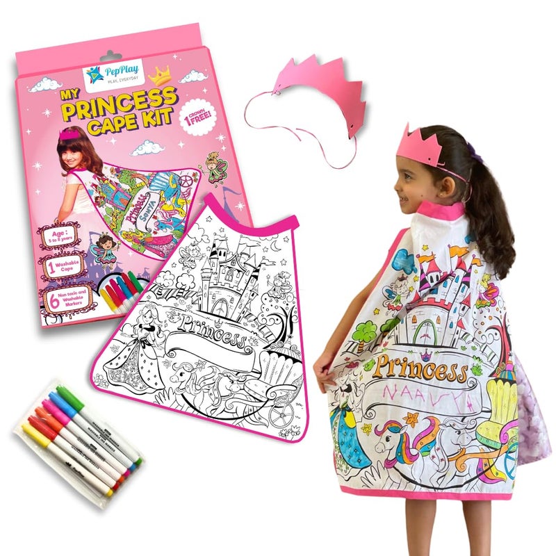 PepPlay Cotton My Princess Cape Coloring Kit, 6 Smudge-Free Washable Markers & Crown, Reusable, Mess Free Unicorn DIY Activity, Art & Craft Kit, Birthday Gift for Girls Ages 3, 4, 5, 6, Pretend Play - Image 1