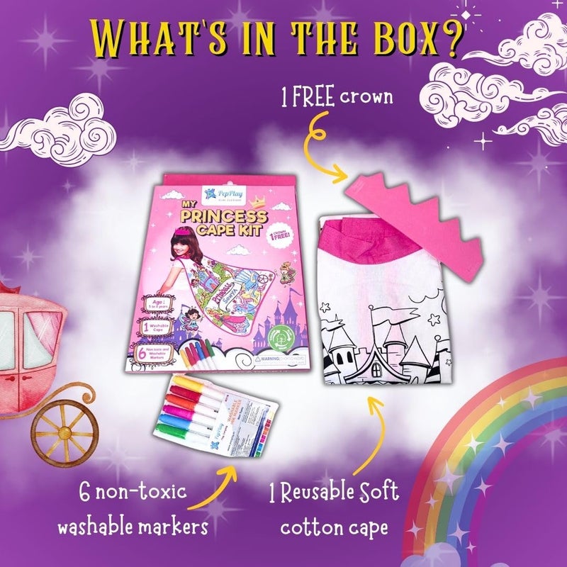 PepPlay Cotton My Princess Cape Coloring Kit, 6 Smudge-Free Washable Markers & Crown, Reusable, Mess Free Unicorn DIY Activity, Art & Craft Kit, Birthday Gift for Girls Ages 3, 4, 5, 6, Pretend Play - Image 5