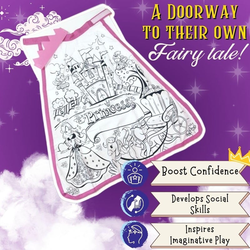 PepPlay Cotton My Princess Cape Coloring Kit, 6 Smudge-Free Washable Markers & Crown, Reusable, Mess Free Unicorn DIY Activity, Art & Craft Kit, Birthday Gift for Girls Ages 3, 4, 5, 6, Pretend Play - Image 4