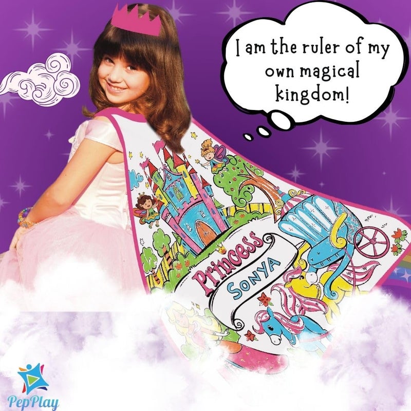 PepPlay Cotton My Princess Cape Coloring Kit, 6 Smudge-Free Washable Markers & Crown, Reusable, Mess Free Unicorn DIY Activity, Art & Craft Kit, Birthday Gift for Girls Ages 3, 4, 5, 6, Pretend Play - Image 3