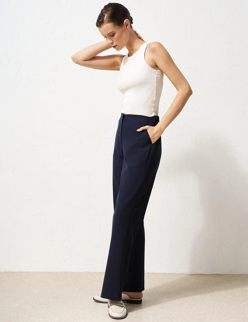 Kayra Basic Trousers with Elastic Waist Navy Blue