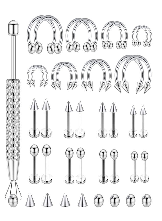 LORACOXS 32PCS Lip Piercing Jewelry Set - Lip Rings Horseshoe Nose Ring for Labret/Snake Bite/Septum, Cartilage Conch Tragus Helix Piercings for Women Men - Image 1