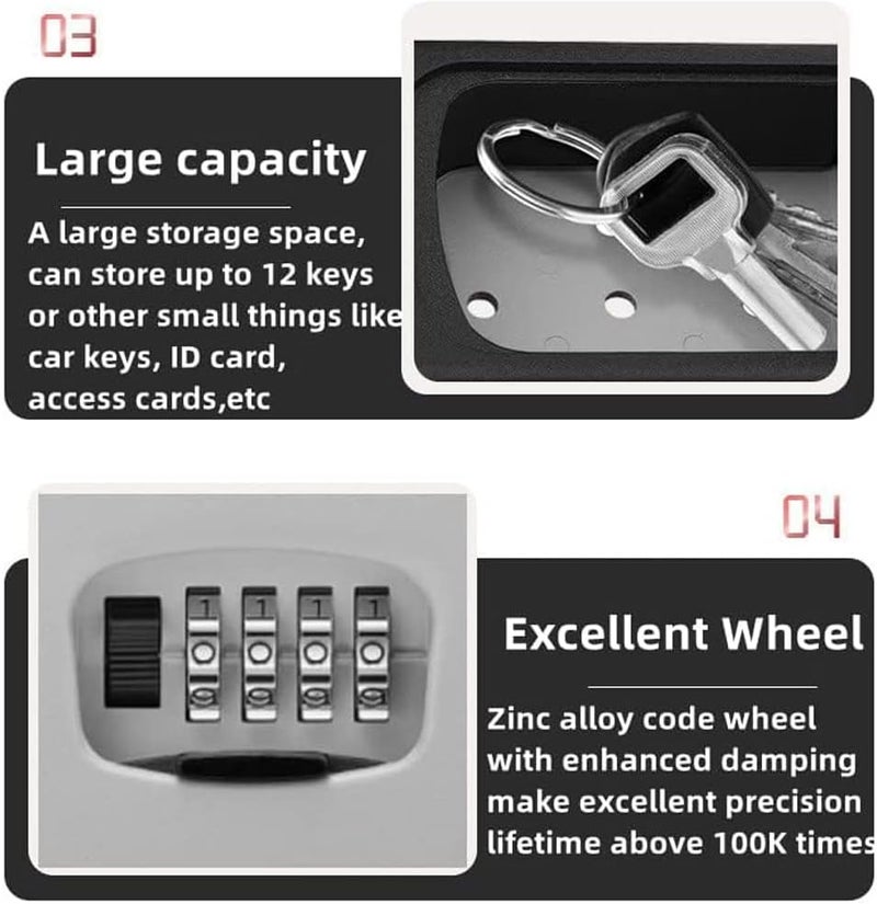 لينجي صندوق قفل المفاتيح، صندوق مفاتيح معدني قابل لإعادة الضبط بأربعة أوضاع، مع مزلاج قفل قابل للإزالة، صندوق قفل مفاتيح مثبت على الحائط، مقاوم للمطرقة، مقاوم للطقس، مخفي مفاتيح منزلي، مناسب لمفاتيح المدرسة/المكتب/السيارة - Image 4