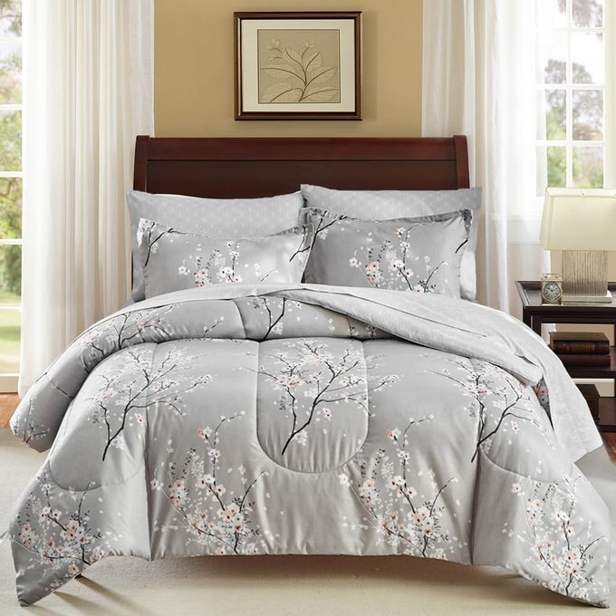 BED IN A BAG 7 PIECES QUEEN SIZE FLORAL PRINT SOFT MICROFIBER REVERSIBLE BED COMFORTER SET 1 COMFORTER 2 PILLOW SHAMS 1 FLAT SHEET 1 FITTED SHEET 2 PILLOWCASESGREY QUEEN