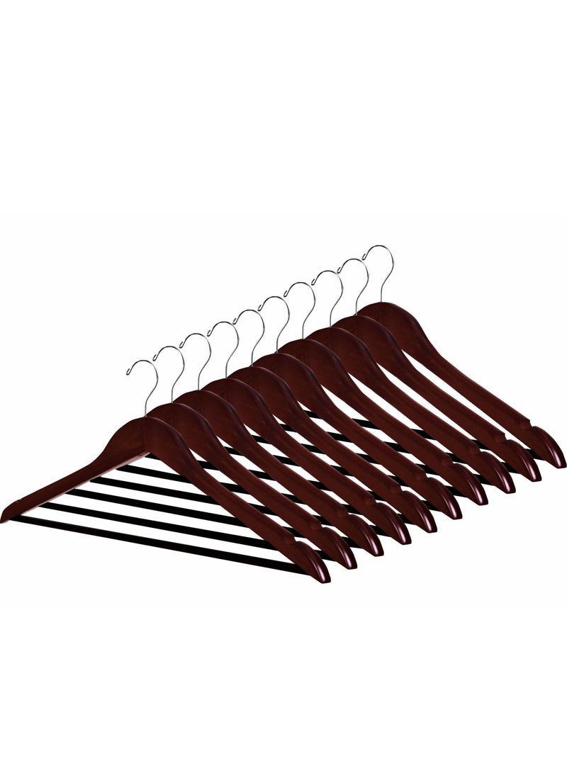 Wooden Coat Hangers Smooth Finish with Non-Slip Bar, Swivel Hook & Shoulder Notches, Dark Brown with Black Bar (10 PCS) - Image 1