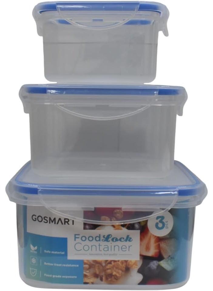 Food Lock Container Set, Clear Plastic with Blue Lids, Square Airtight Storage, 3-Piece Set (400ml, 700ml, 1200ml)