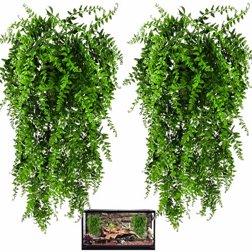 HERCOCCI 2 Pack Reptile Plants Terrarium Hanging Plants Vines Artificial Leaves Habitat Decorations with Suction Cup for Bearded Dragon Hermit Crab Lizard Snake Geckos Chameleon