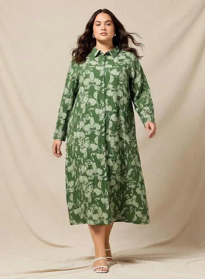 Ulla Popken Ulla Popken Plus Size Floral Print Women Shirt Dress with Button Down Placket