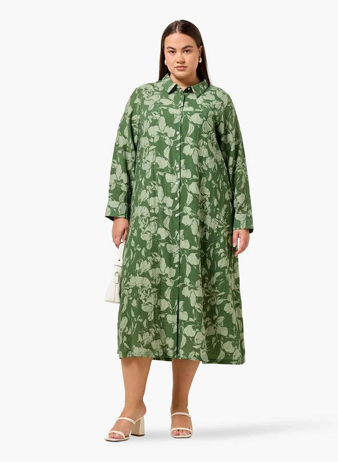 Ulla Popken Ulla Popken Plus Size Floral Print Women Shirt Dress with Button Down Placket