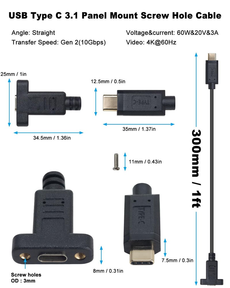 Poyiccot USB 3.1 Type C Extension Cable 1ft, Short USB C Panel Mount Extension Cable, 10Gbps & 60W 3.1 Gen 2 USB C Screw Panel Mount Connector Support Charging & Data for PC, Mobile Phone - Image 2