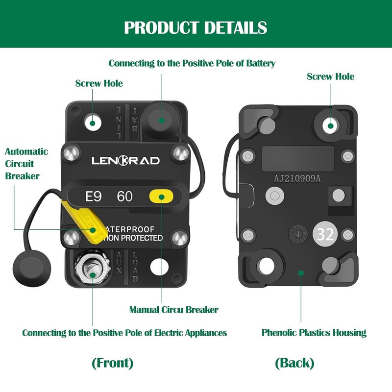 LENKRAD 60 Amp Marine Boat Circuit Breaker Resettable 60A with Manual Reset Switch Button for Trolling, RV, Yacht, 12V - 48V DC, Waterproof, Surface Mount (60 Amp Boat Circuit Breaker) - Image 5