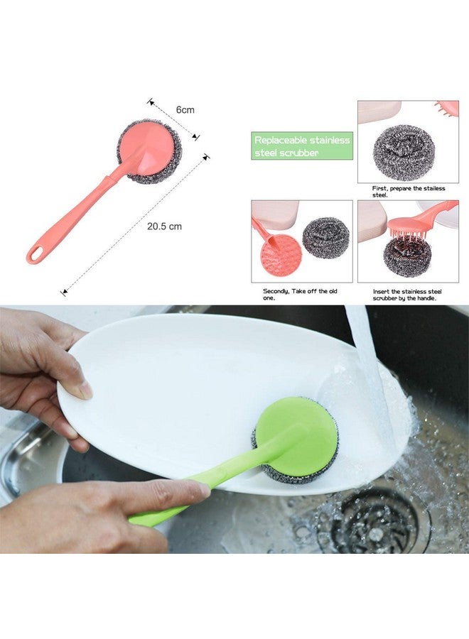 امزجير عبوة من 2 فرشاة تنظيف من الفولاذ المقاوم للصدأ مع مقبض وفرشاة تنظيف مع 4 فرش إضافية من الفولاذ لتنظيف الأطباق/الأحواض، أداة تنظيف المطبخ من الفولاذ | فرشاة | متعدد الألوان | عبوة من 2 - Image 2