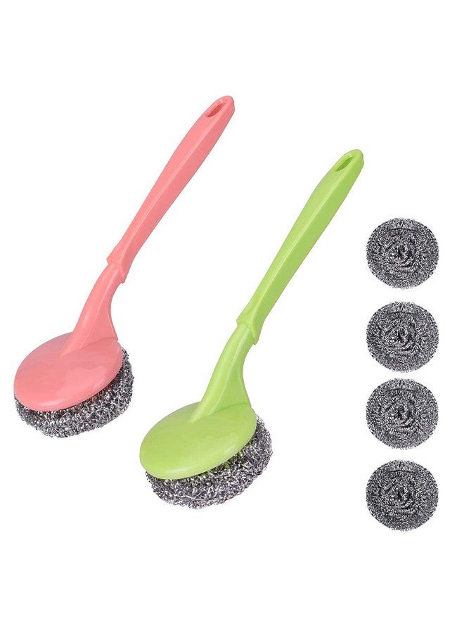 امزجير عبوة من 2 فرشاة تنظيف من الفولاذ المقاوم للصدأ مع مقبض وفرشاة تنظيف مع 4 فرش إضافية من الفولاذ لتنظيف الأطباق/الأحواض، أداة تنظيف المطبخ من الفولاذ | فرشاة | متعدد الألوان | عبوة من 2 - Image 1