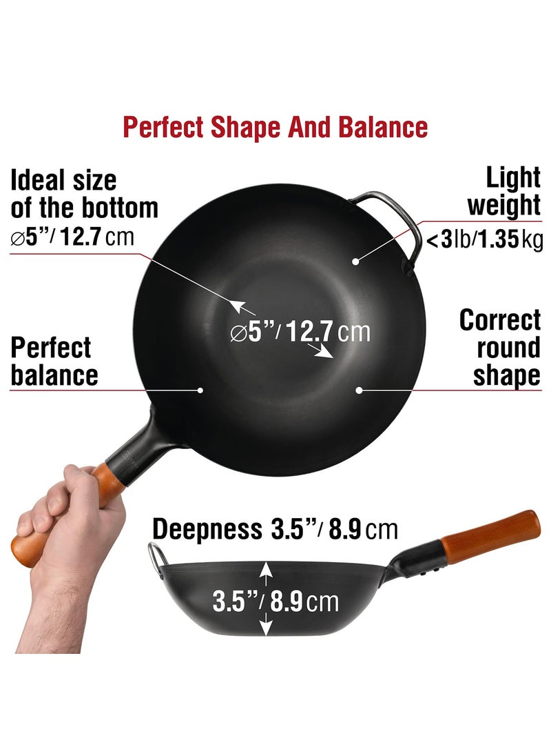 YOSUKATA PreSeasoned Carbon Steel Wok Pan 116 Woks and Stir Fry Pans Chinese Wok with Flat Bottom Pow Wok Traditional Chinese Japanese Woks Black Steel Wok  - Image 2