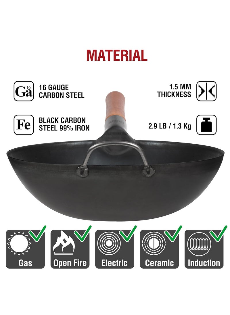 YOSUKATA PreSeasoned Carbon Steel Wok Pan 116 Woks and Stir Fry Pans Chinese Wok with Flat Bottom Pow Wok Traditional Chinese Japanese Woks Black Steel Wok  - Image 5
