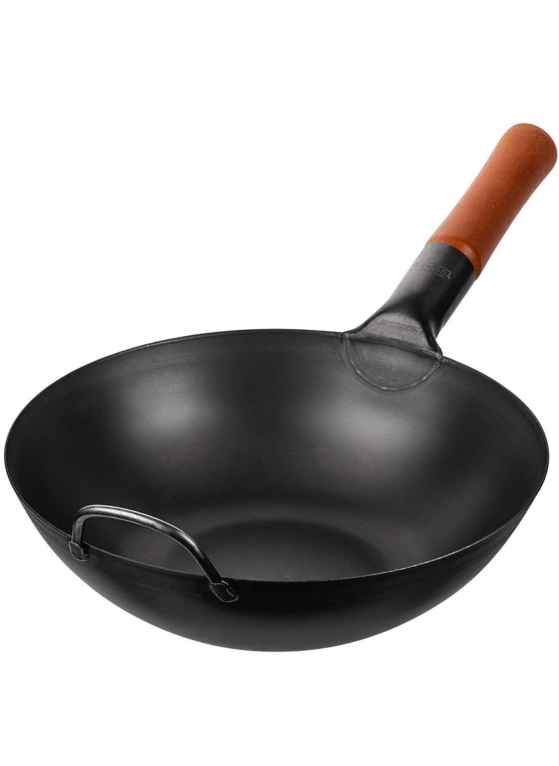 YOSUKATA PreSeasoned Carbon Steel Wok Pan 116 Woks and Stir Fry Pans Chinese Wok with Flat Bottom Pow Wok Traditional Chinese Japanese Woks Black Steel Wok  - Image 1