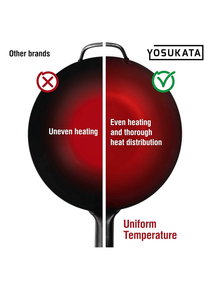 YOSUKATA PreSeasoned Carbon Steel Wok Pan 116 Woks and Stir Fry Pans Chinese Wok with Flat Bottom Pow Wok Traditional Chinese Japanese Woks Black Steel Wok  - Image 4