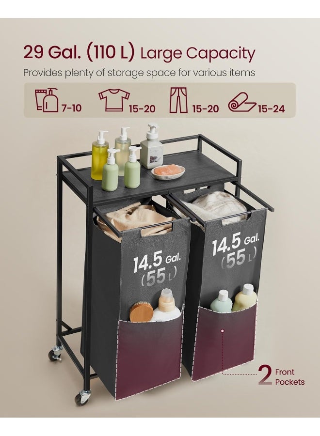 VASAGLE Laundry Sorter, 29 Gal. (110 L) Laundry Hamper Basket with 2 Compartments, Rolling Cart with Wheels, Shelf, Removable Bags, Pockets, Grey - Image 3