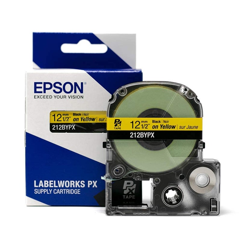 LABELWORKS Epson 212BYPX Genuine PET (Polyester) Tape Cartridge - Black on Yellow Industrial Label Maker Tape - 1/2" (12MM) Wide, 30 ft - Image 1