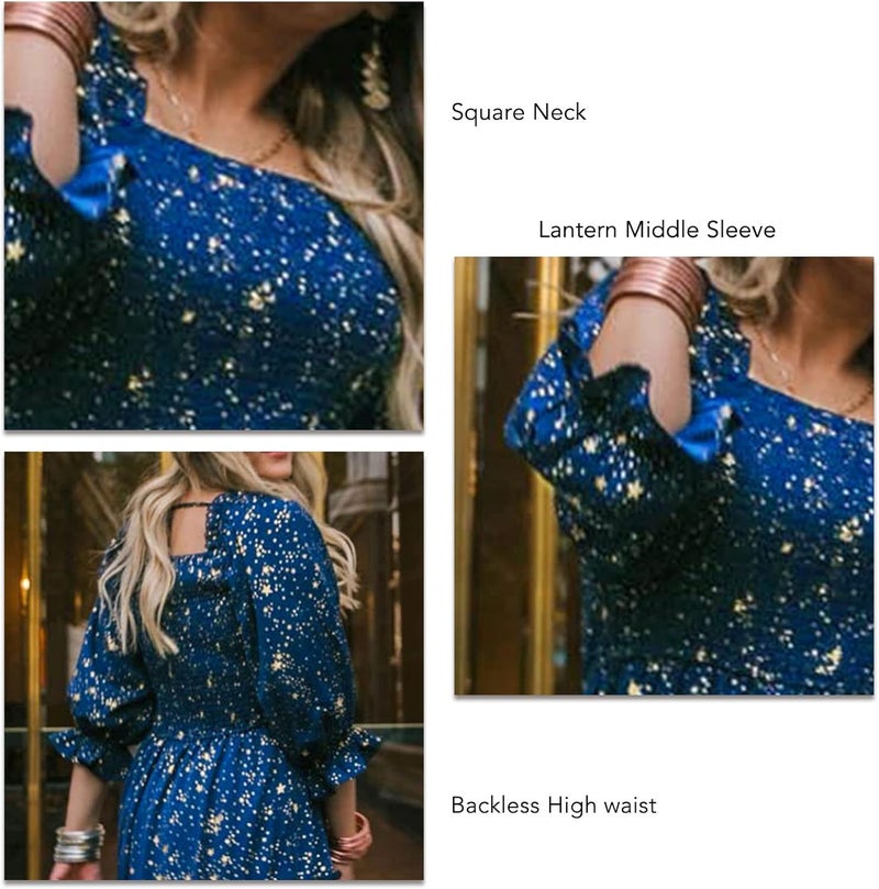 klarako Women Floral Print Long Dress Square Neck Half Sleeve Smocked Midi Dress Casual Pleated Loose Swing Beach Party Dress(XL-FQOM002) - Image 2