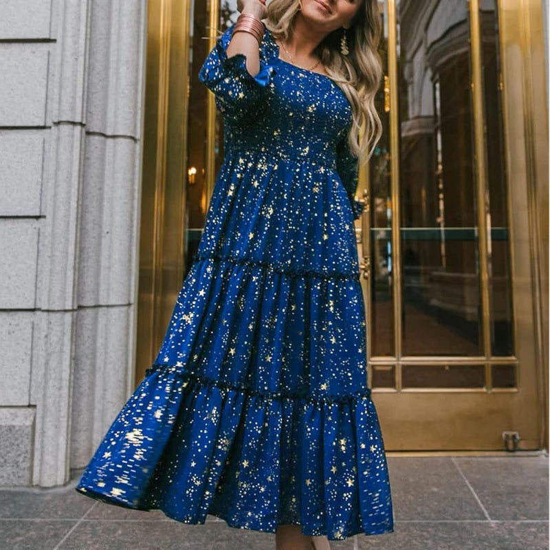 klarako Women Floral Print Long Dress Square Neck Half Sleeve Smocked Midi Dress Casual Pleated Loose Swing Beach Party Dress(XL-FQOM002) - Image 3