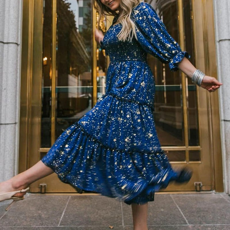 klarako Women Floral Print Long Dress Square Neck Half Sleeve Smocked Midi Dress Casual Pleated Loose Swing Beach Party Dress(XL-FQOM002) - Image 4